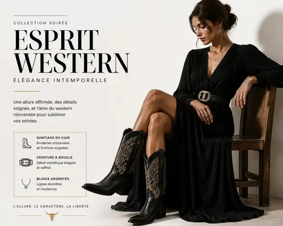 Tenue western femme chic de soirée avec robe noire fluide et santiags brodées