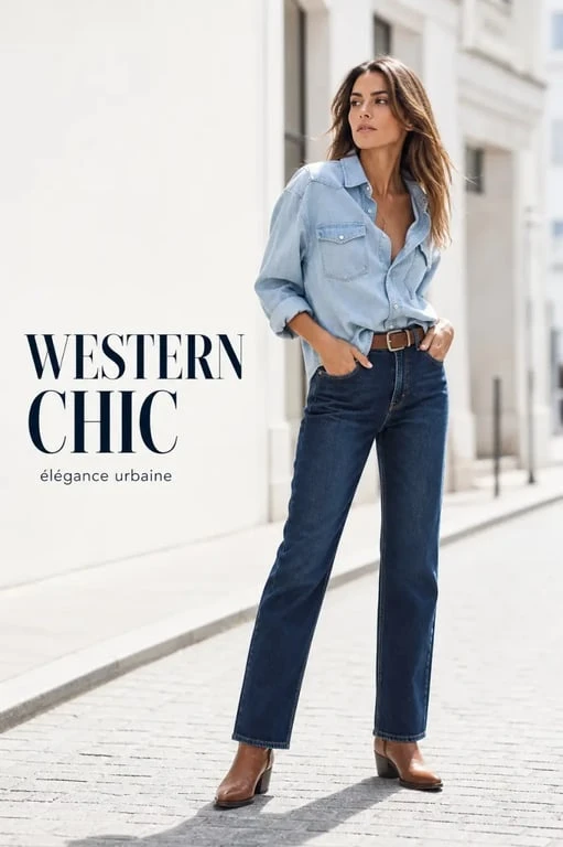 Tenue western femme chic en ville avec chemise en denim, jean brut et santiags sobres
