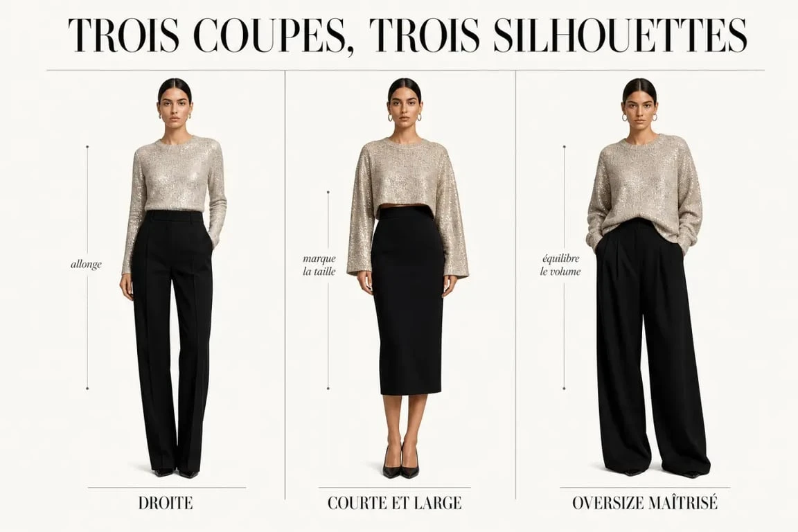 Pull paillette : comparaison des coupes droite, courte et oversize sur la silhouette