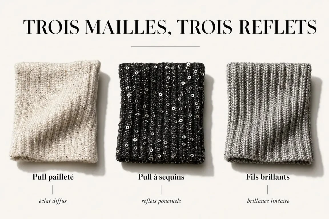 Pull paillette : comparaison visuelle entre pull pailleté, pull à sequins et maille brillante