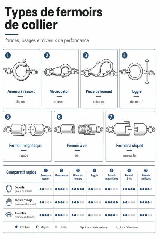 Infographie des types de fermoir collier avec comparaison visuelle des mécanismes et de leur usage