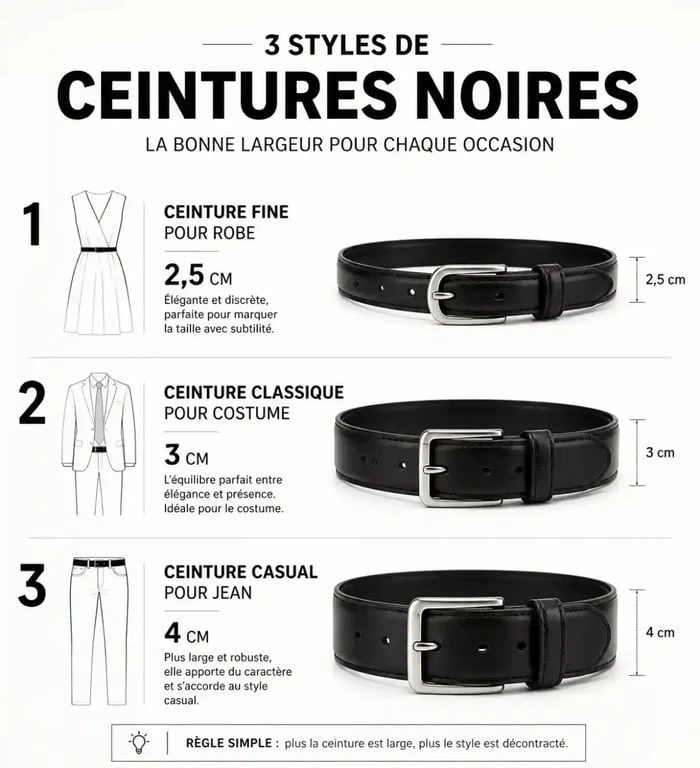 Infographie comparative des styles et largeurs de ceintures noires pour différents usages vestimentaires