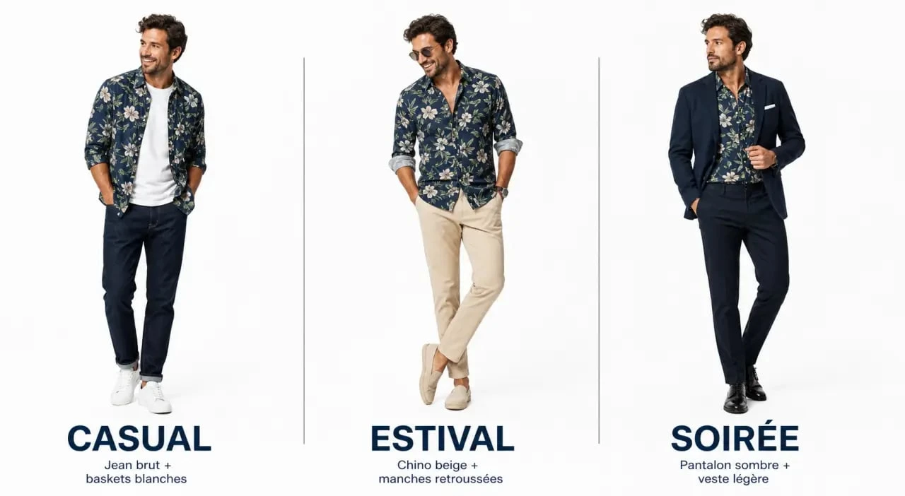 Chemise à fleurs portée en trois looks : casual, estival et soirée