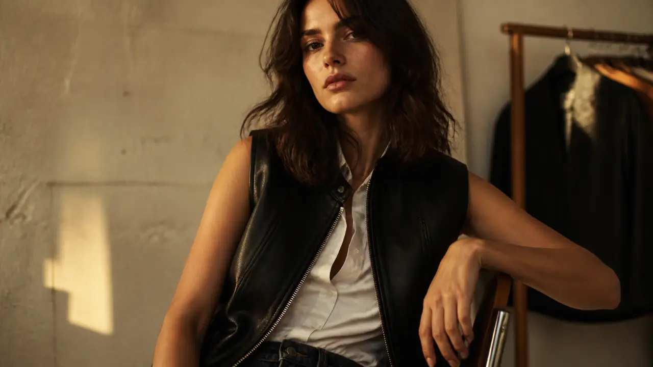 Gilet cuir sans manche femme noir biker, fermeture éclair
