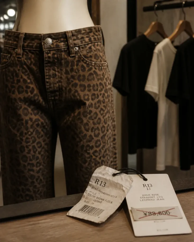 Jean léopard femme : coupe droite, prix barré et motif à doser