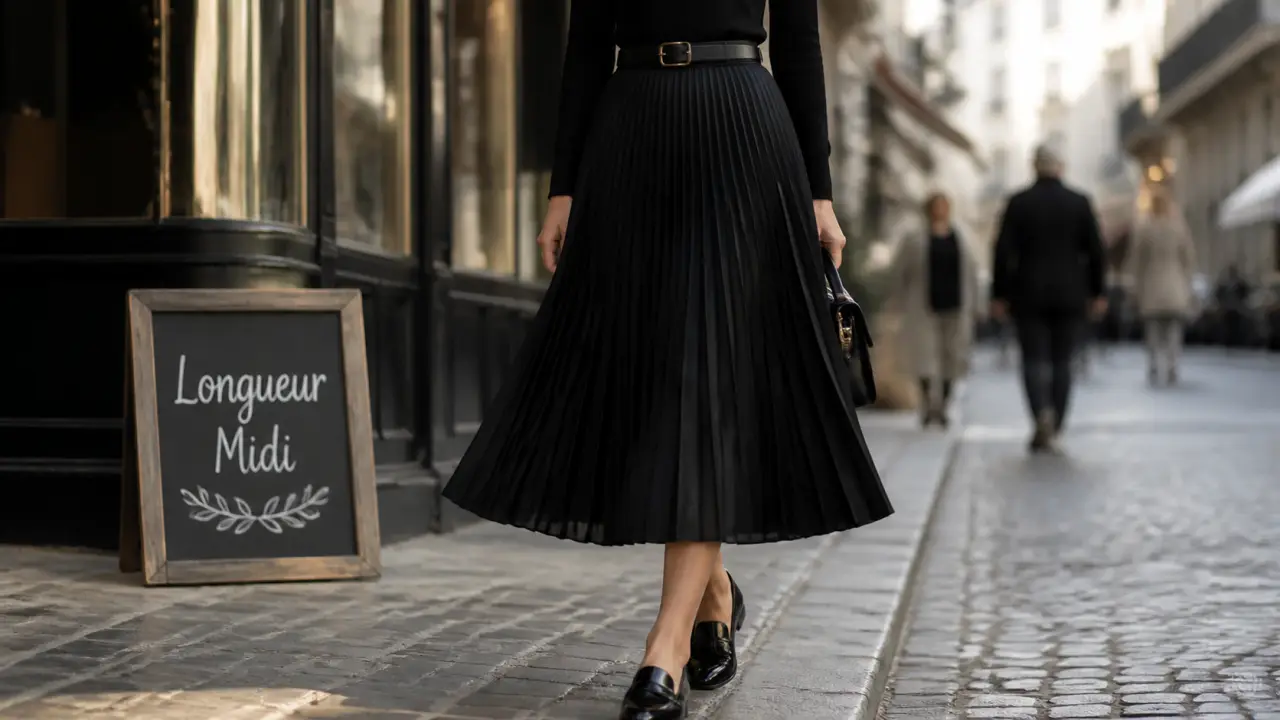 Jupe plisse midi noire fluide, reflets et plis visibles