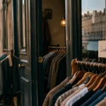 Look vintage friperie au Vieux Lyon, vestes vintage près de la vitrine