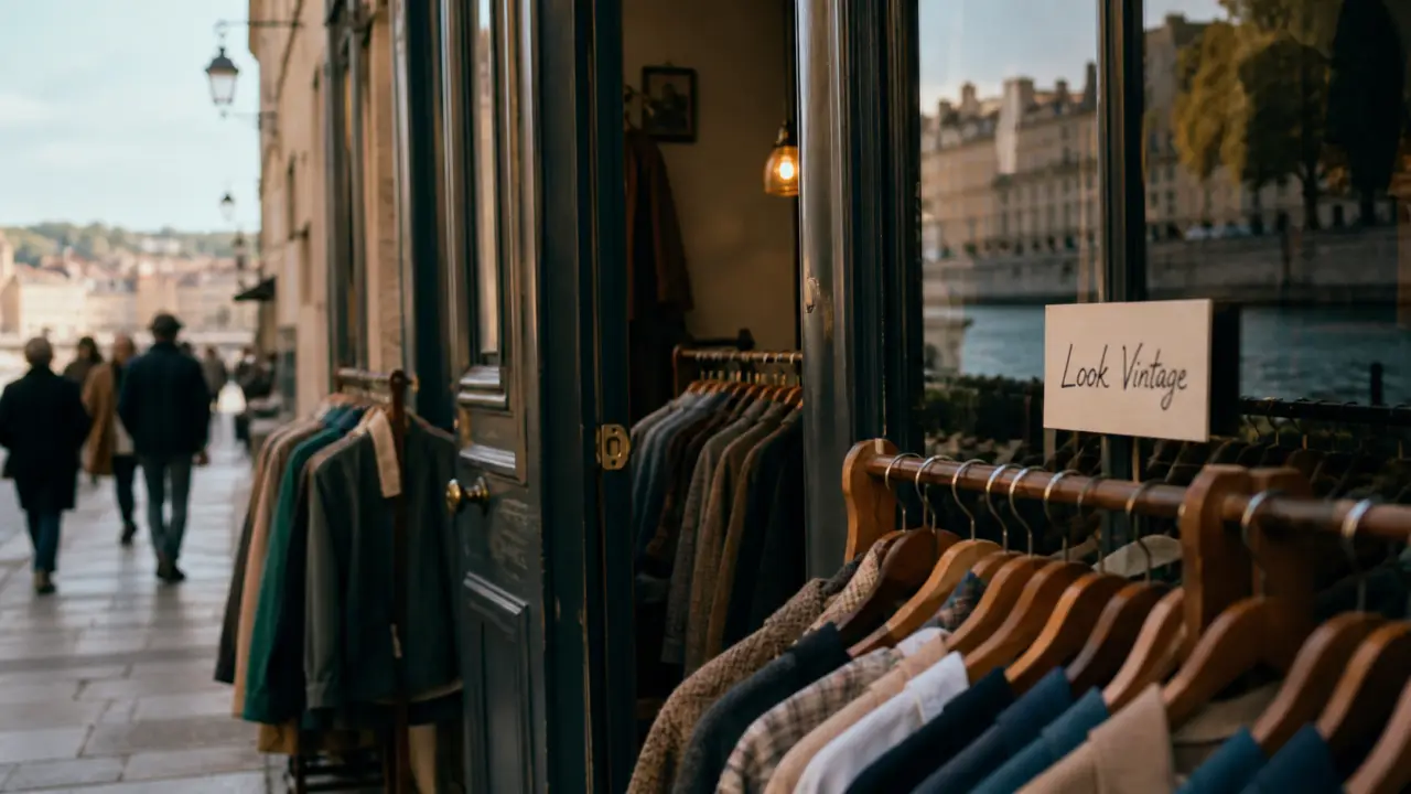 Look vintage friperie au Vieux Lyon, vestes vintage près de la vitrine