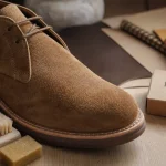 Matière daim : chaussure en daim sur table, brosse et éponge, comparaison avec nubuck et cuir velours