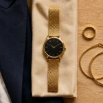 Montres doree femme : montre dorée cadran noir bracelet métal