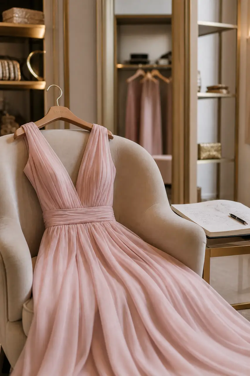 Robe ceremonie rose poudré en boutique, longue et courte