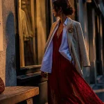 Style vestimentaire 2026 : robe rouge fluide, blazer beige, chemise oversize