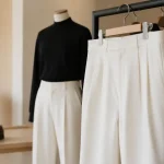 Tenue avec pantalon blanc : haut noir et chaussures marron