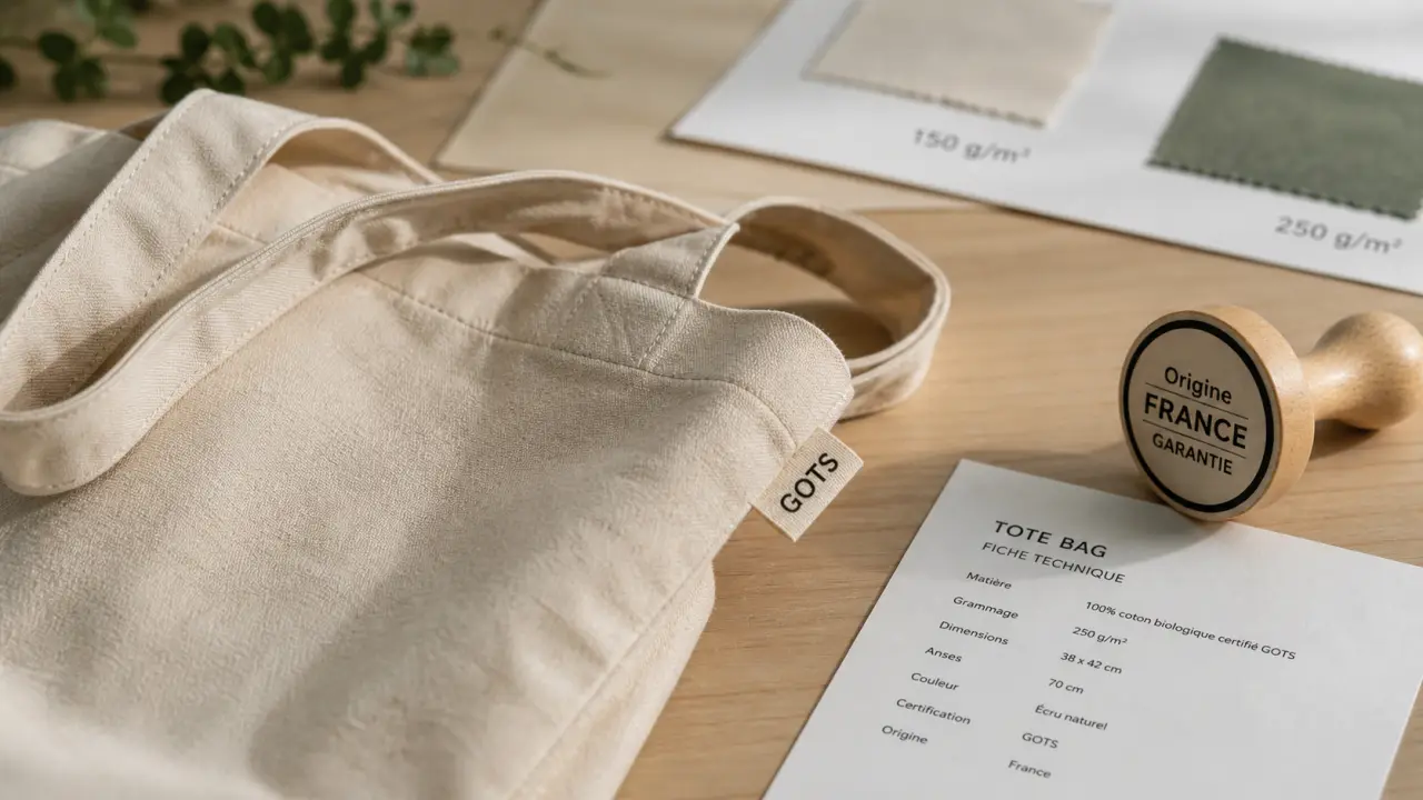 Tote bag coton bio avec labels GOTS et marquage origine