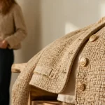 Veste en tweed beige sur banc bois, détail du tweed et boutons dorés