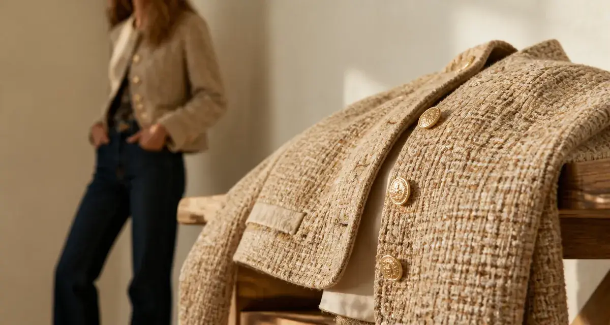 Veste en tweed beige sur banc bois, détail du tweed et boutons dorés