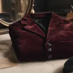 Veste velours bordeaux sur fond ivoire, boutons et col tailleur visibles
