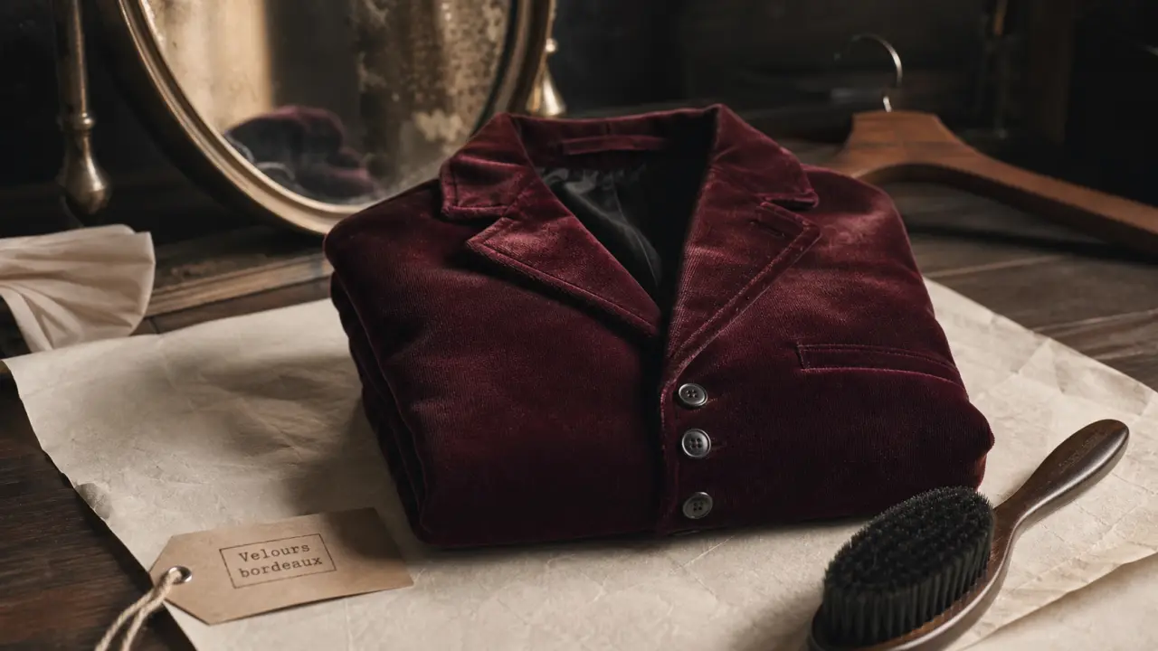 Veste velours bordeaux sur fond ivoire, boutons et col tailleur visibles