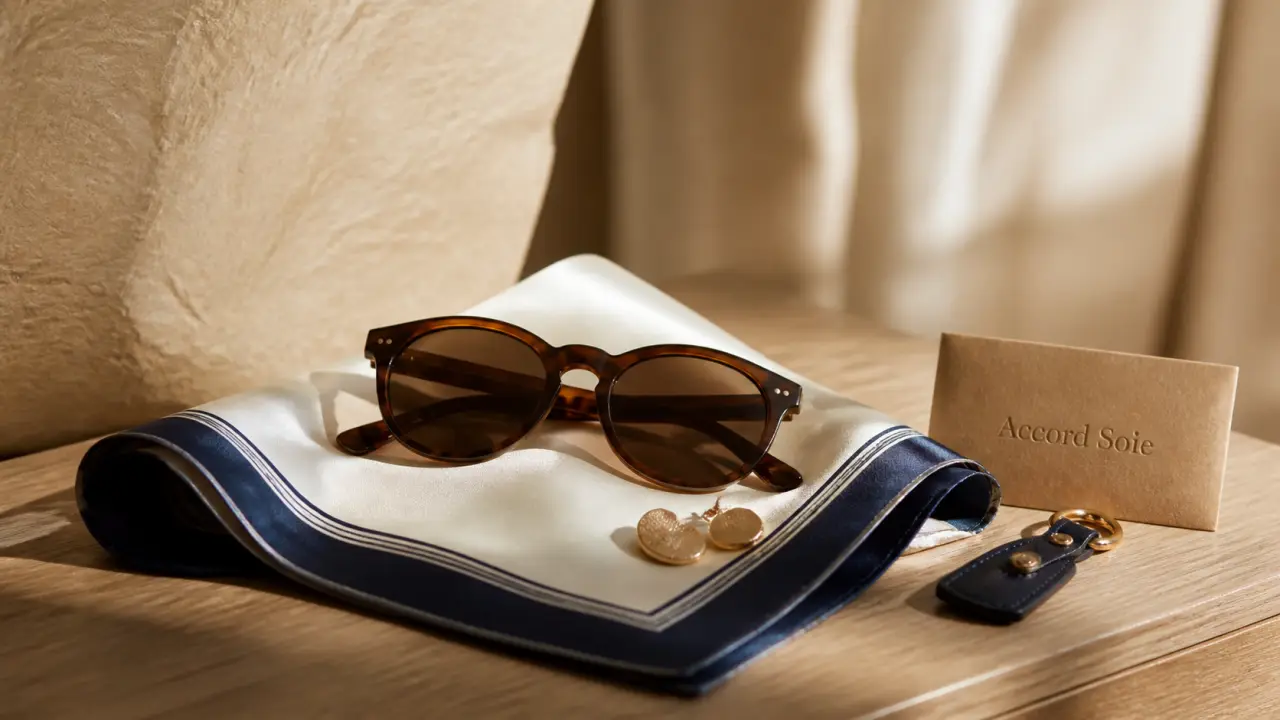 Accessoire luxe femme en soie, charms et finitions sur table en bois
