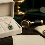 Bijoux emeraude femme : bague et pendentif en velours crème