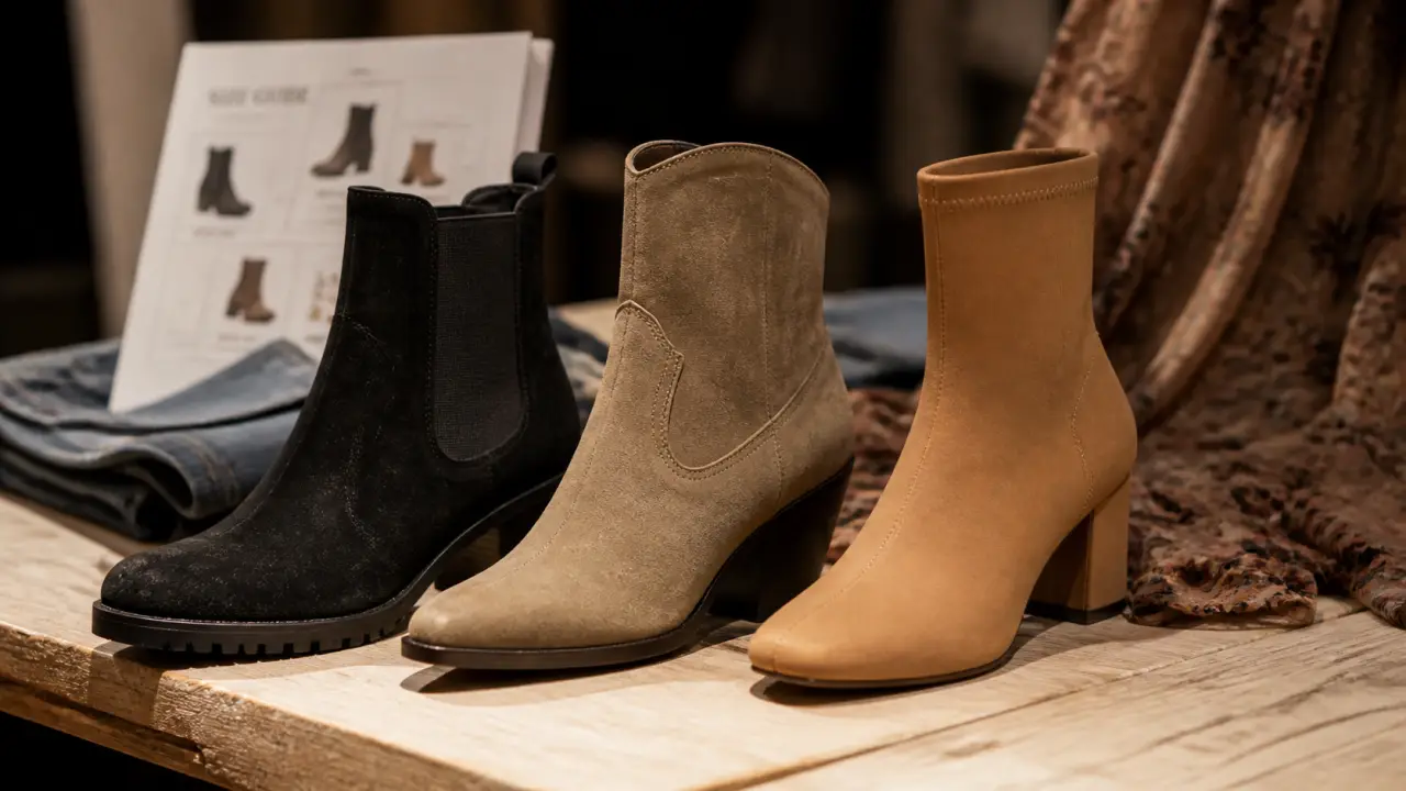 Trois bottines daim : Chelsea, santiag et bottine chaussette sur étal bois clair