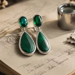 Boucle d oreille pierre verte en argent, gros plan émeraude et malachite