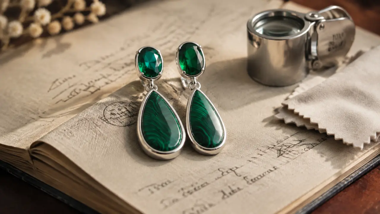 Boucle d oreille pierre verte en argent, gros plan émeraude et malachite