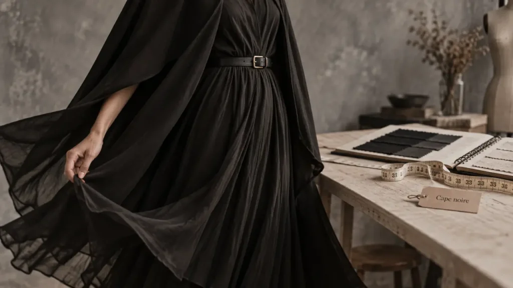 Cape noire femme : l’élégance du drapé sans le volume d’un manteau
