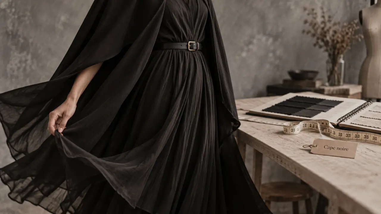 Cape noir femme drapée, élégance sans volume