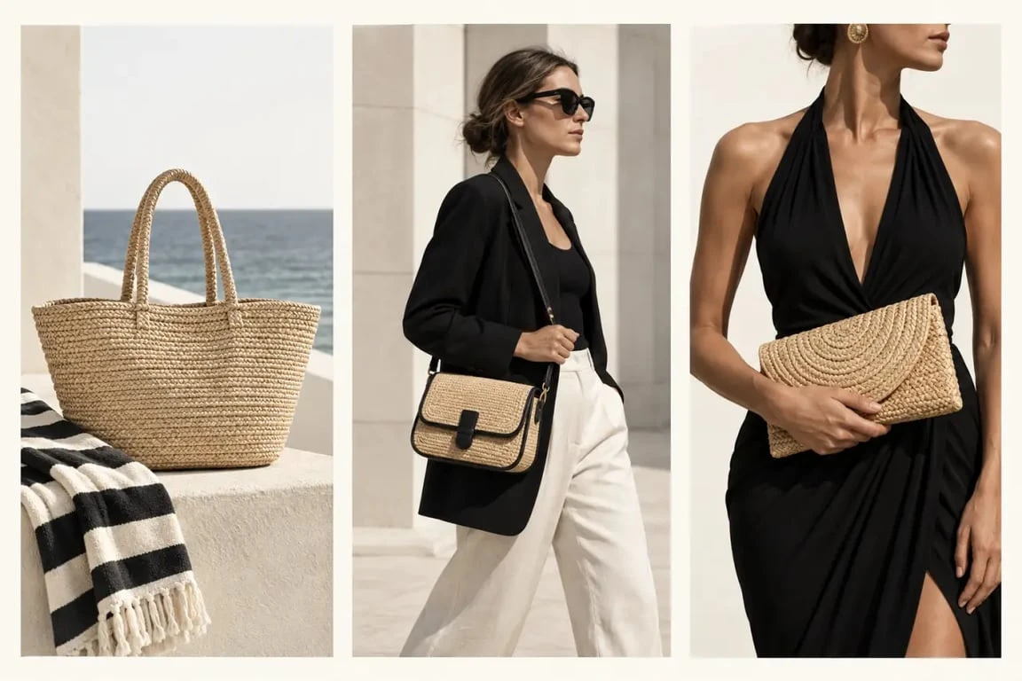 Sac paille tendance porté à la plage, en ville et en soirée