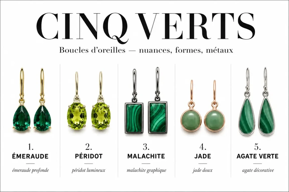 Boucle d oreille pierre verte : planche comparative des nuances d’émeraude, péridot, malachite, jade et agate verte