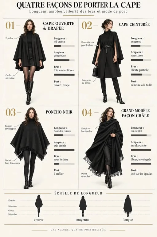 Infographie des modèles de cape noir femme : cape drapée, cape ceinturée, poncho et châle