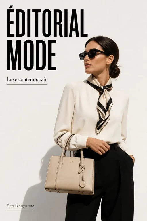 Accessoire luxe femme porté dans une scène mode éditoriale avec carré de soie, lunettes et charm de sac