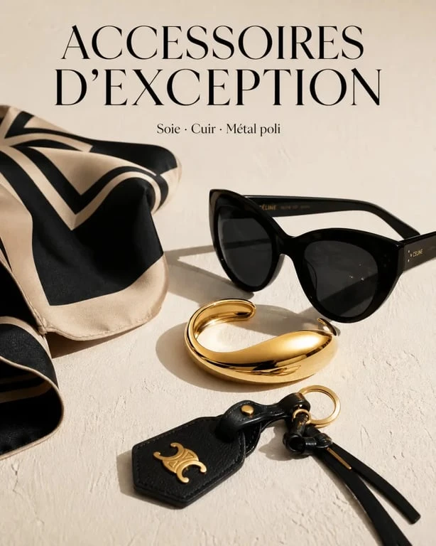 Accessoire luxe femme en composition éditoriale avec carré de soie, lunettes de soleil et bijoux sur fond sobre
