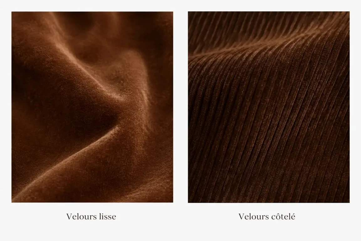 Jupe en velours marron en velours lisse et côtelé pour visualiser la différence de matière