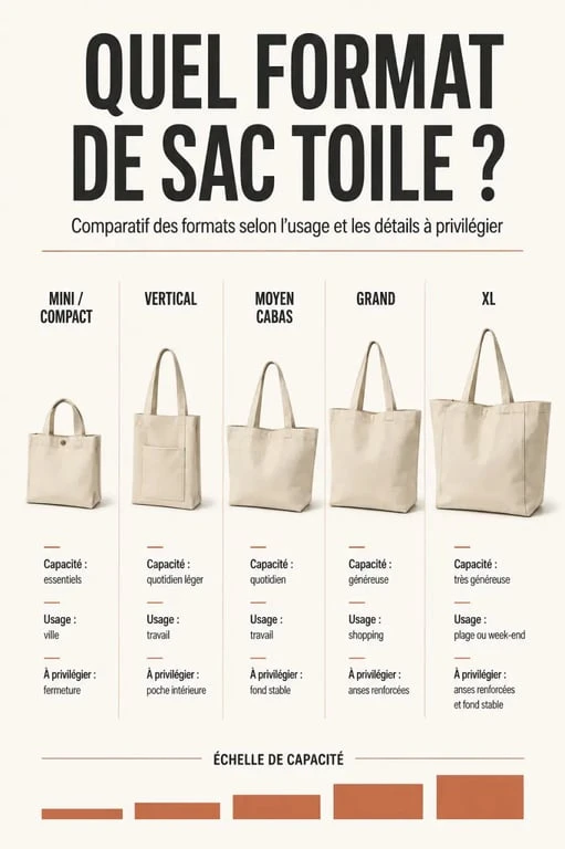 Infographie des formats de sac toile selon les usages et la capacité