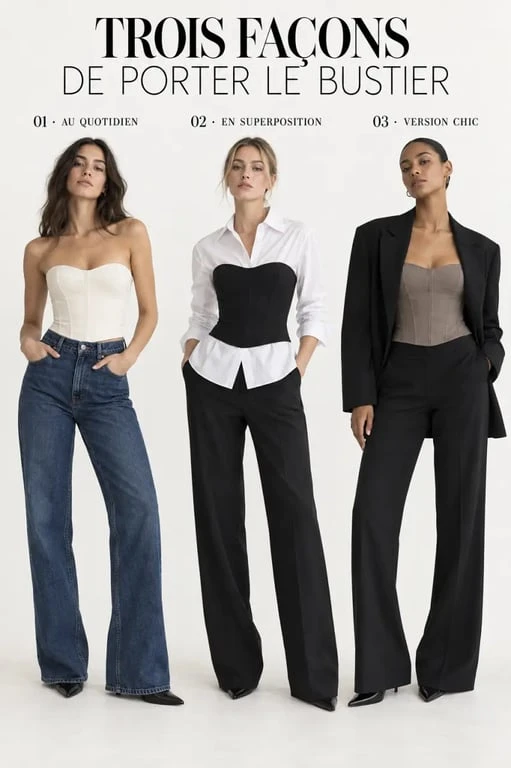 Trois façons de porter un haut bustier avec jean, chemise et blazer