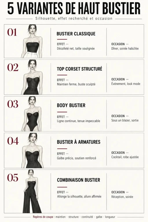 Infographie des différents modèles de haut bustier et de leurs usages