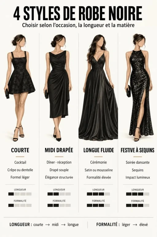 Infographie des styles de robe noire de soirée selon la longueur, la matière et l'occasion
