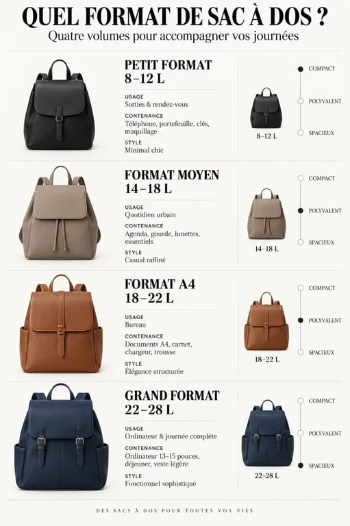Infographie des formats de sac à dos femme élégant selon l’usage et la contenance