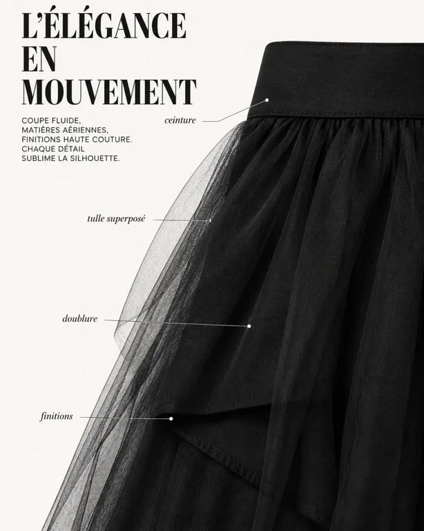 Détails de jupe longue tulle noir montrant la texture, la doublure et les finitions
