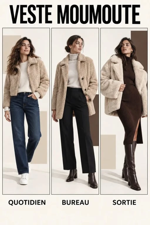 Trois idées de looks avec une veste moumoute beige pour le quotidien, le bureau et une sortie