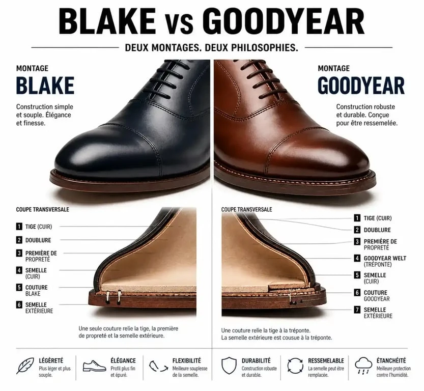 Montage Blake et montage Goodyear sur chaussures Heyraud en cuir