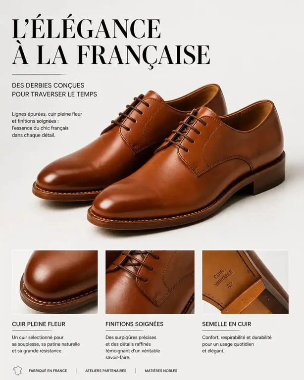 Chaussures Heyraud derby en cuir cognac, chic français