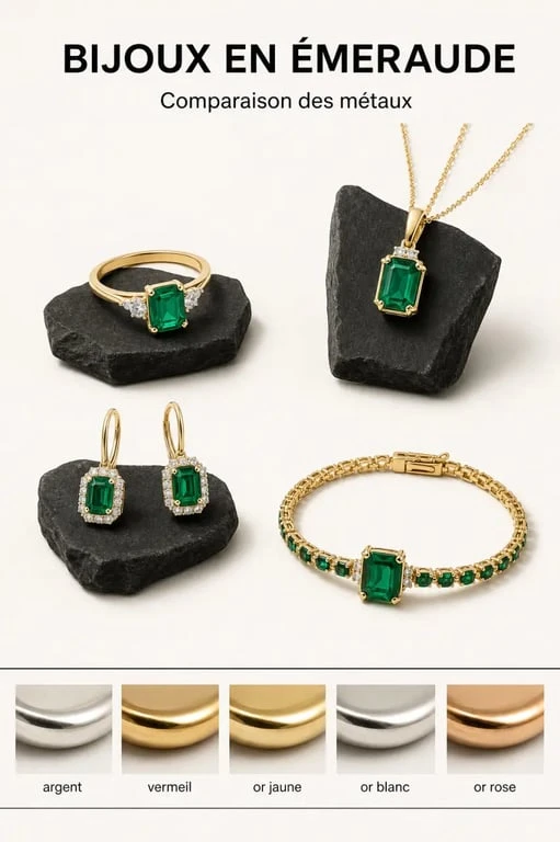 Bijoux emeraude femme : composition éditoriale avec bague, pendentif, boucles d’oreilles et bracelet