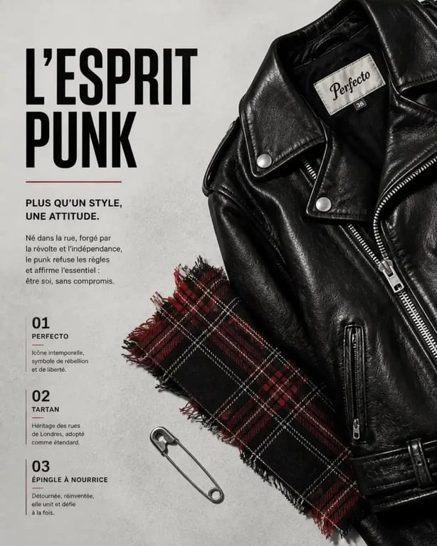 Éléments iconiques du style vestimentaire punk : cuir, tartan et accessoires métalliques