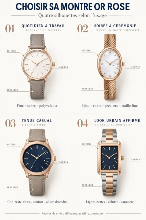 Infographie de choix de montres femme or rose selon le style et l’usage