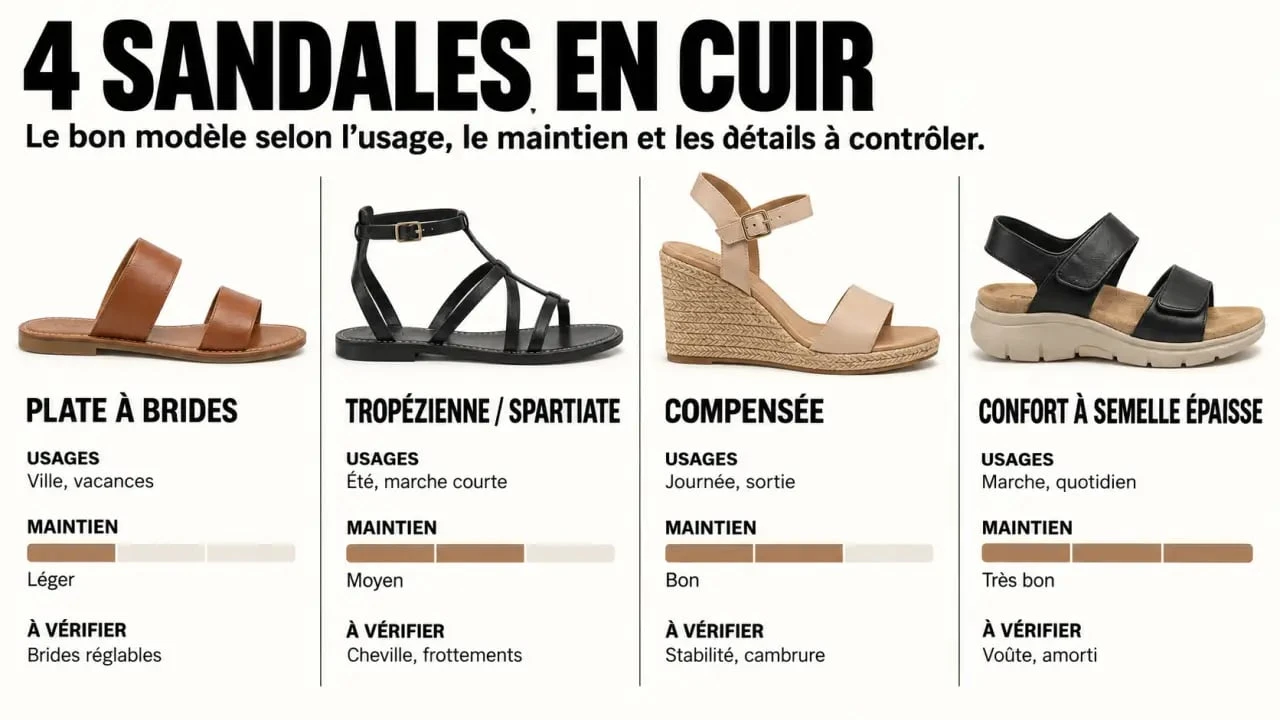 Infographie comparative des sandales cuir plates, tropéziennes, compensées et confort