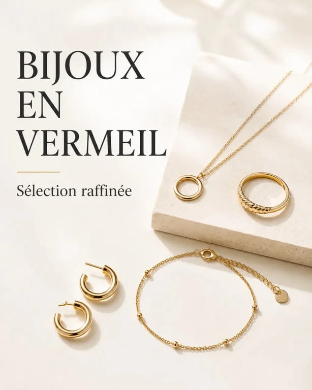 Sélection de bijoux en vermeil pour femme incluant bagues, colliers, bracelets et boucles d'oreilles