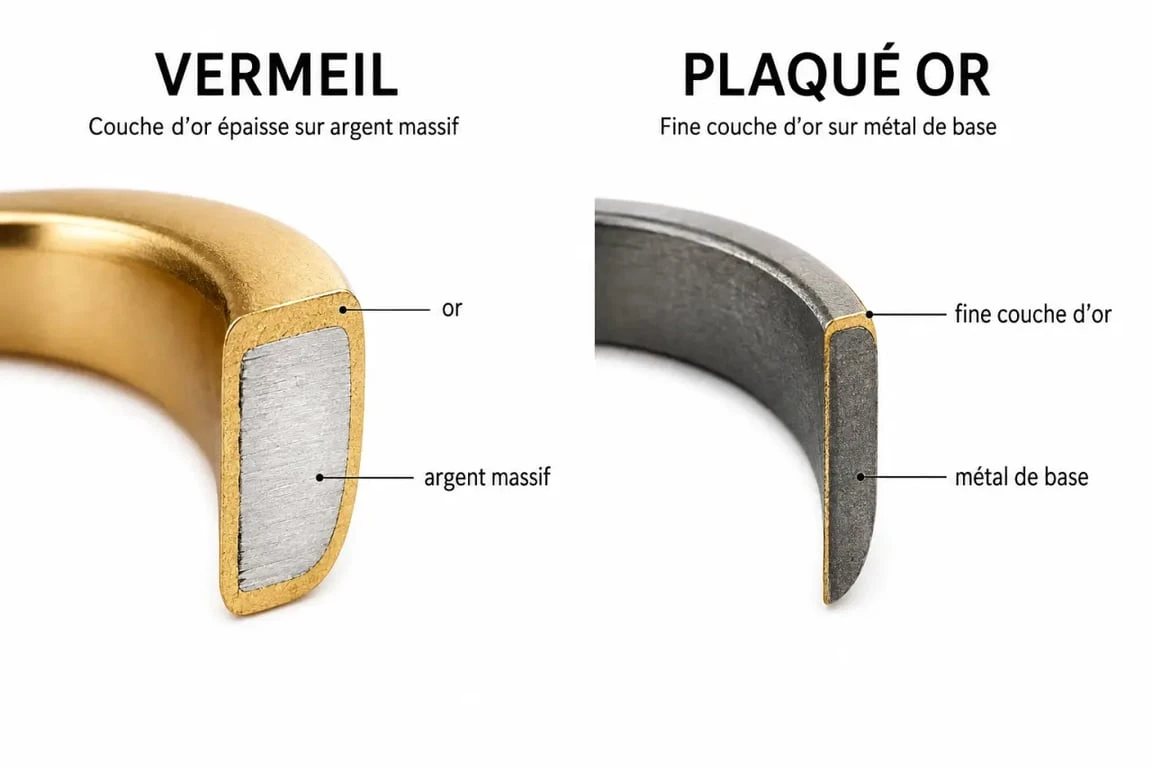 Schéma comparatif de la composition d'un bijou en vermeil pour femme par rapport à un bijou plaqué or